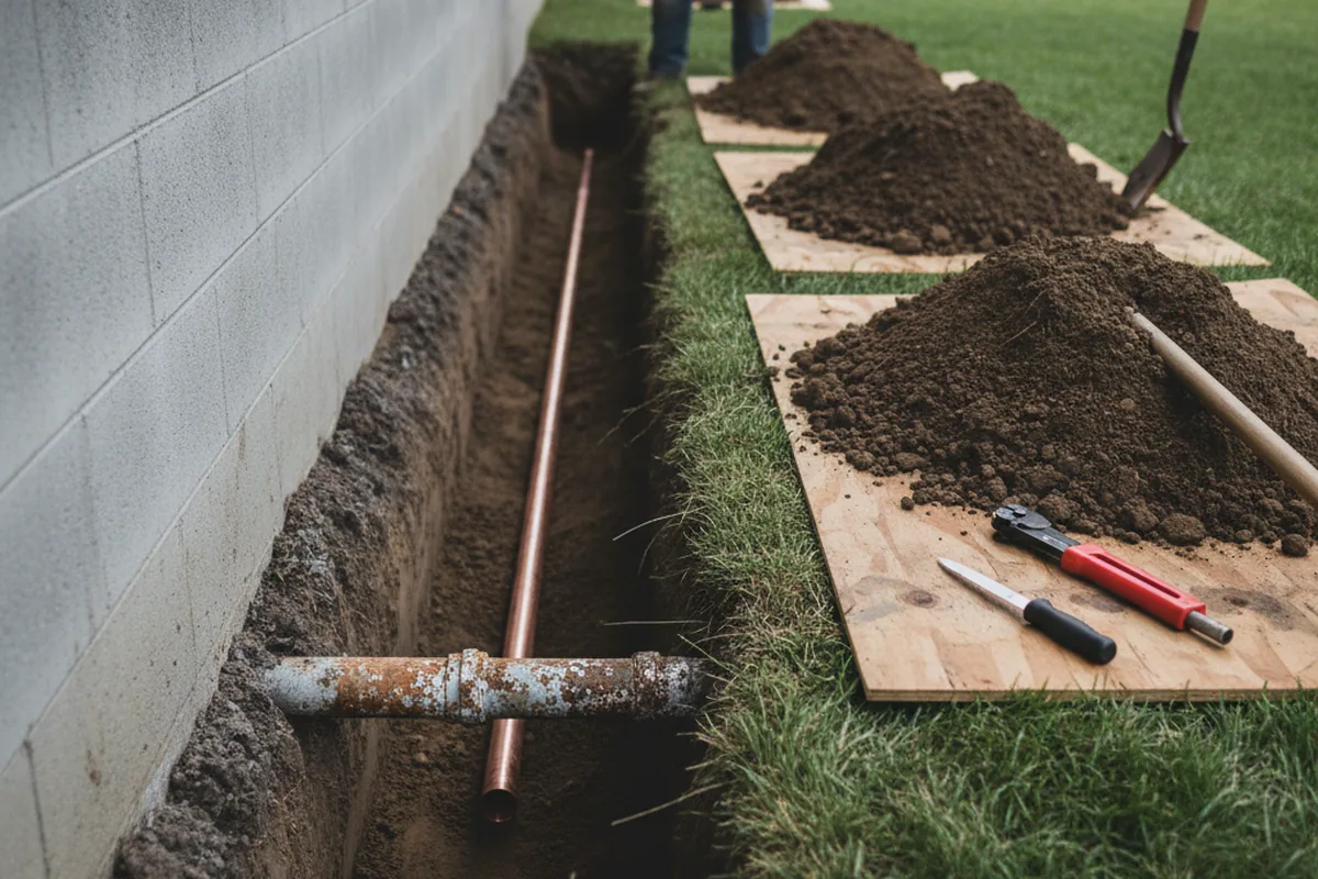 Excavated water line trench during Sewer Line Repair in Tate